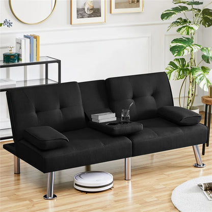 Fabric Upholstered Convertible Futon Sofa Bed with Cup Holders and Pillows, Black