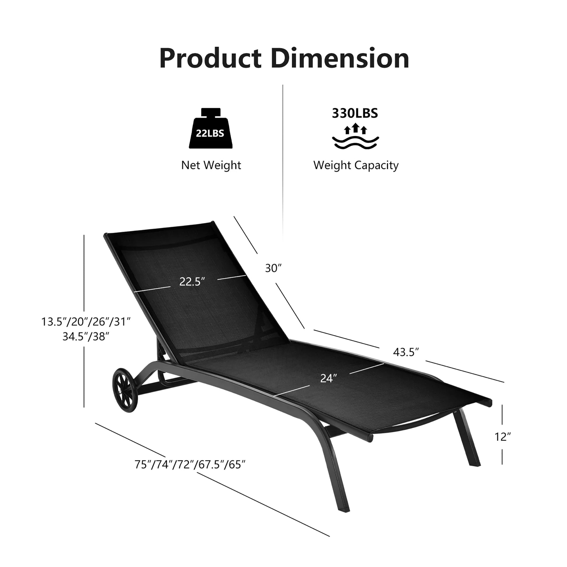 Outdoor Adjustable Chaise Lounge Patio 6-Position Recliner with Wheels Black