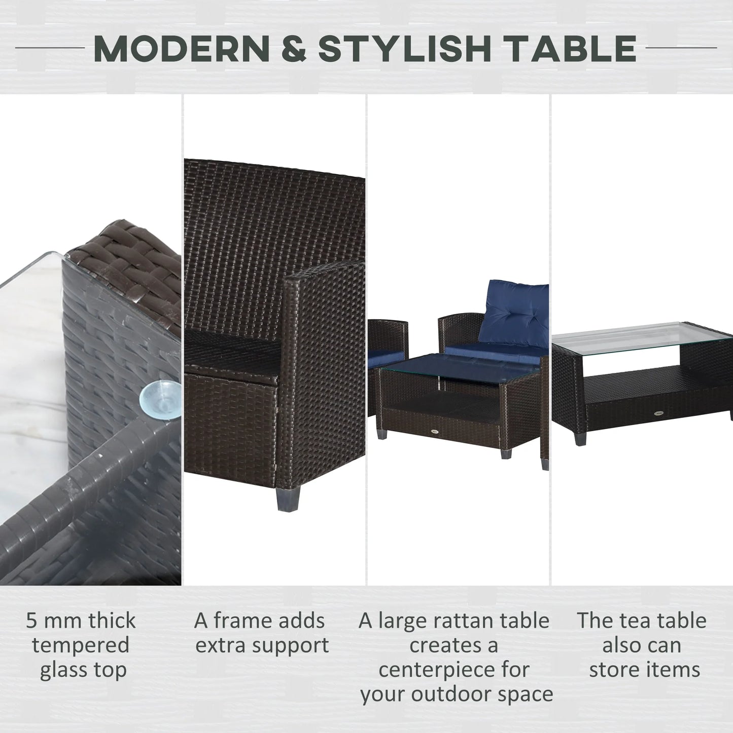 Outsunnny 4 Piece Patio Furniture Set, Outdoor Wicker Loveseat Sofa & Chairs, with 2-Tier Coffee Table & Tufted Cushions, Navy Blue