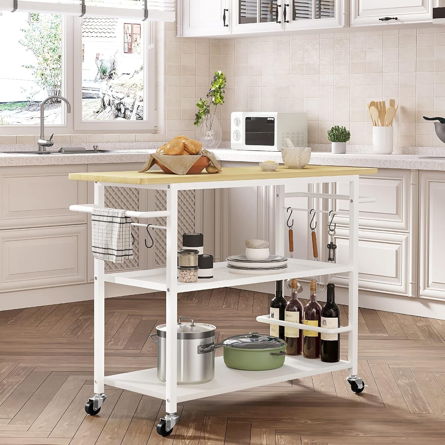 3 Tier Kitchen Island Cart on Wheels, Rolling Kitchen Island with Shelves and Handle for Home Kitchen…