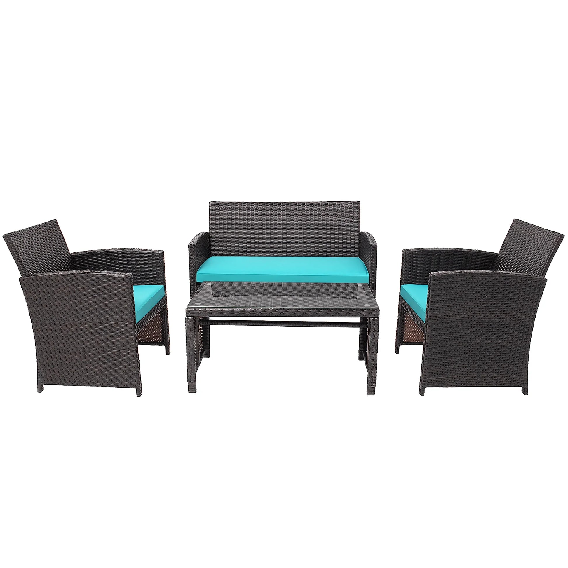 4PCS Patio Rattan Furniture Set Cushioned Chair Sofa Coffee Table Turquoise