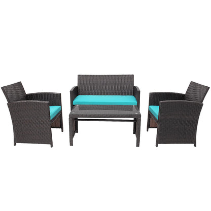 4PCS Patio Rattan Furniture Set Cushioned Chair Sofa Coffee Table Turquoise