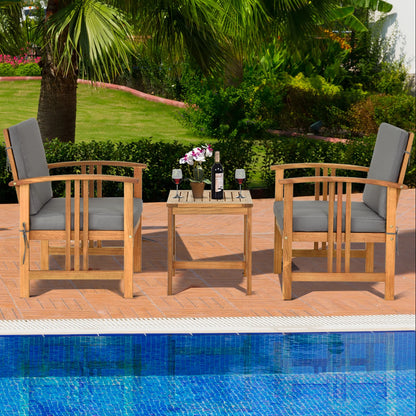 3PCS Solid Wood Patio Furniture Set Table&Chairs Grey Cushion