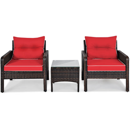 3PCS Outdoor Rattan Conversation Set Patio Furniture Cushioned Sofa Chair Red