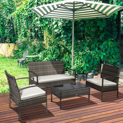Patio Furniture Set, 4 Piece Indoor Outdoor PE Wicker Conversation Set with Chairs, Loveseat Sofa, Cushions, Glass Table, Brown