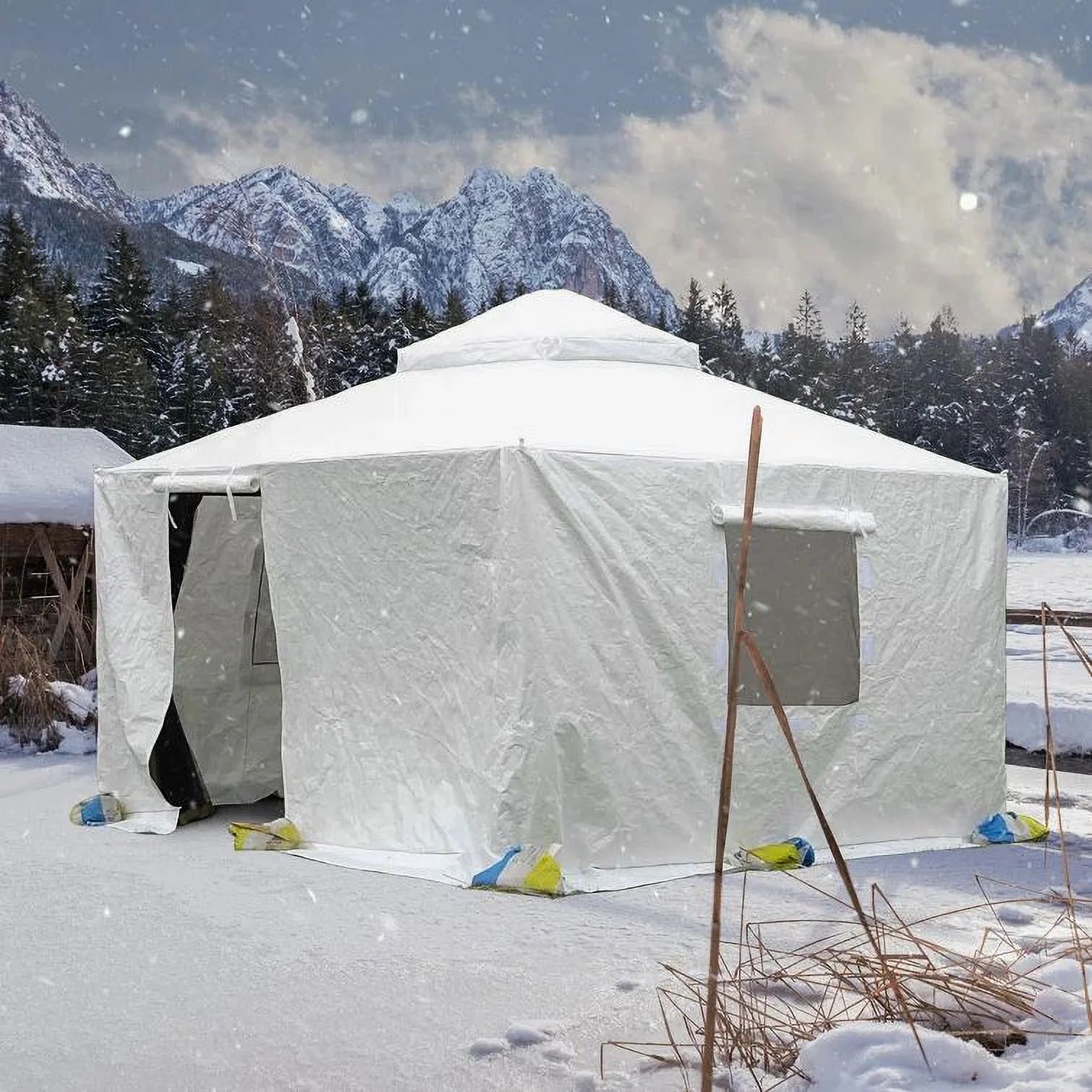 Gazebo Accessories 12' X 12' Double Roof Universal Winter Gazebo Cover for Hardtop Gazebos,Enclosed Cover with Sidewalls and Mesh Windows Waterproof (White) by