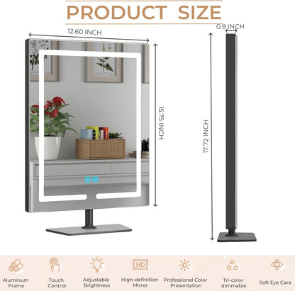 Makeup Mirror with Lights, 12.6 X 17.7 Inch LED Vanity Mirror, Lighted Makeup Mirror with Dimmable 3 Modes, Smart Touch Control, Aluminum Frame and Tempered Glass Base, Bronze