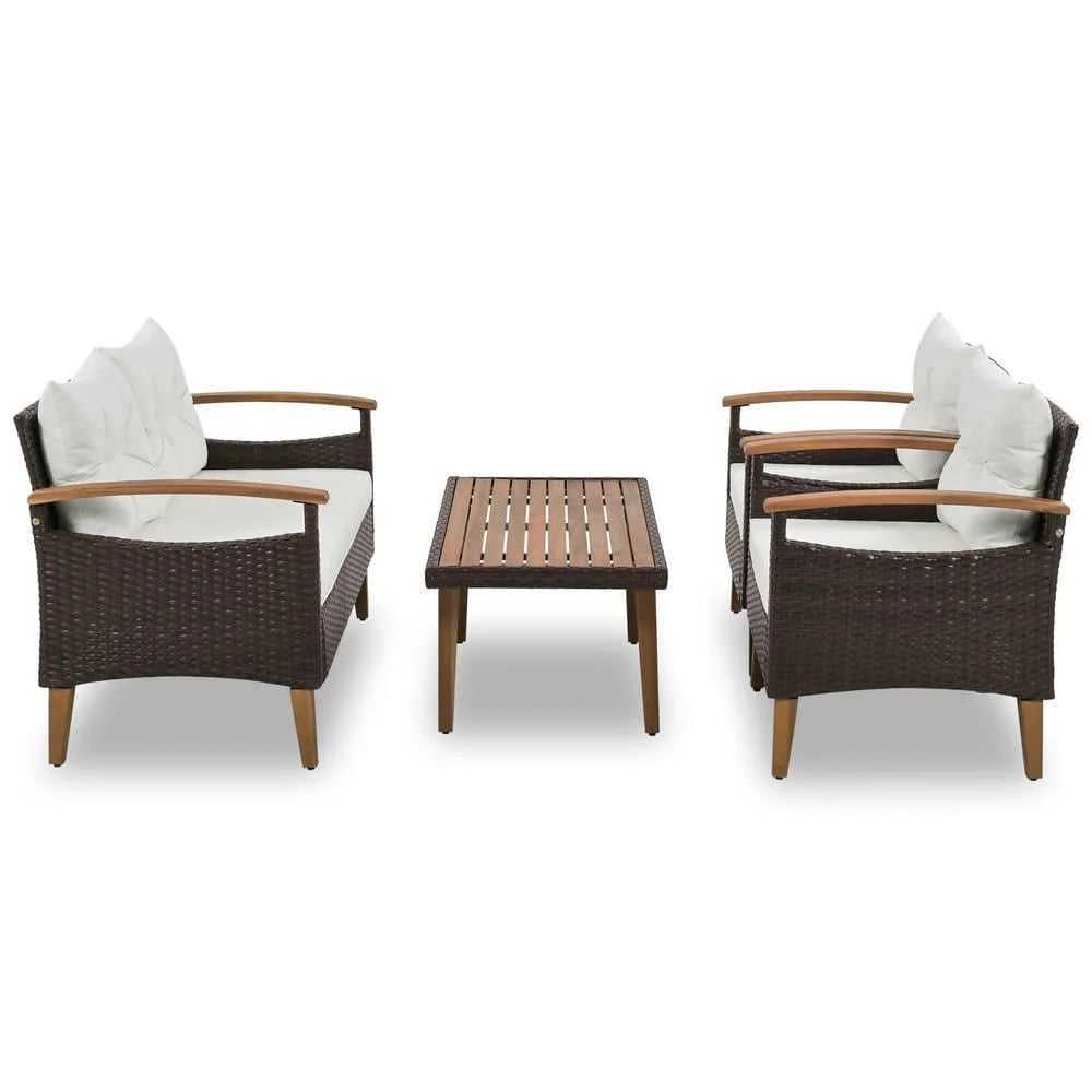4-Piece Patio Seating Set, Patio Furniture Set, Patio Furniture Set, Wicker Garden Furniture with Wood Table and Legs, PE Rattan Outdoor Sofa Set for Balcony, Beige