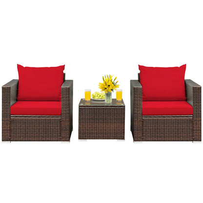 3PCS Patio Rattan Furniture Set Conversation Sofa Cushioned Garden Red