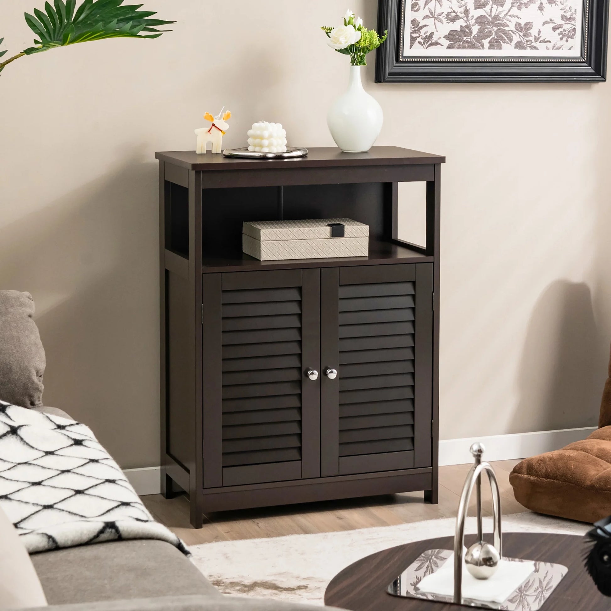 Bathroom Storage Wood Floor Cabinet with Double Shutter Door Coffee