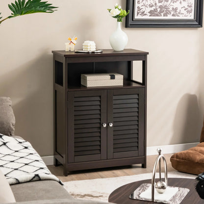 Bathroom Storage Wood Floor Cabinet with Double Shutter Door Coffee