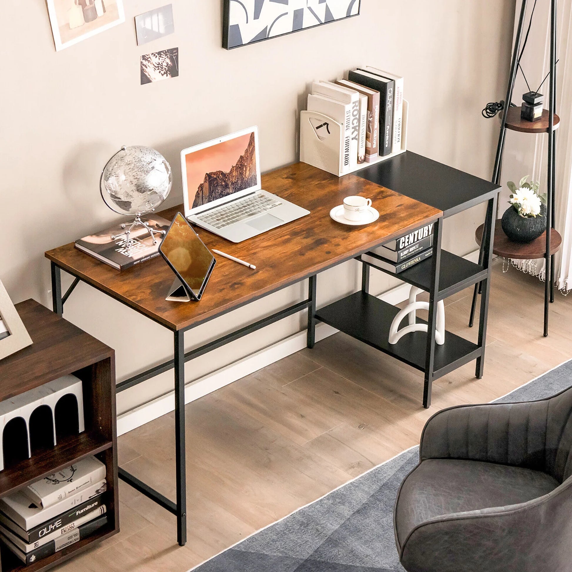 55'' Computer Desk Writing Workstation Study Table Home Office with Bookshelf Rustic
