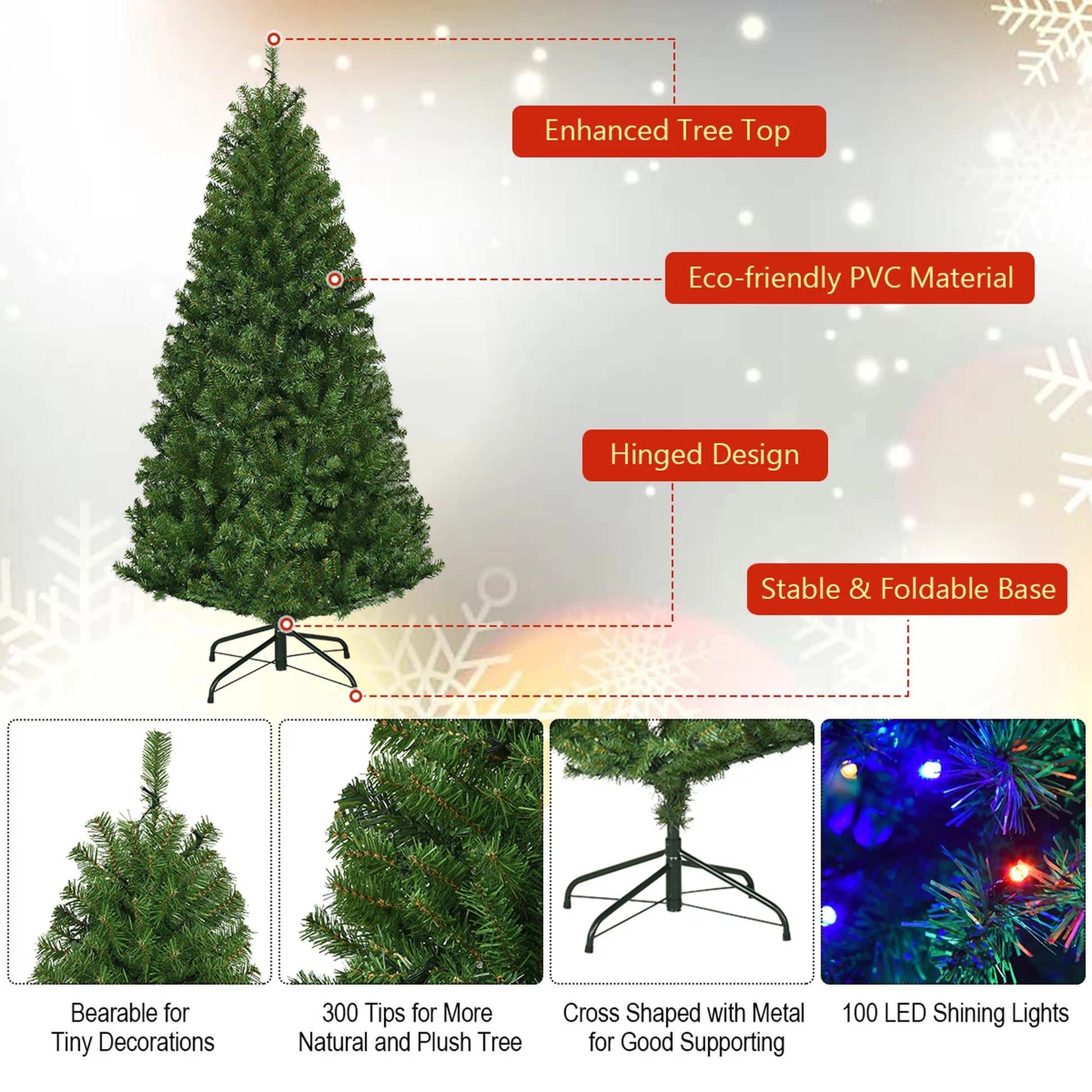 4Ft Pre-Lit Artificial Christmas Tree Hinged 100 LED Lights