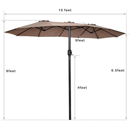 15' Market Outdoor Umbrella Double-Sided Twin Patio Umbrella with Crank Tan