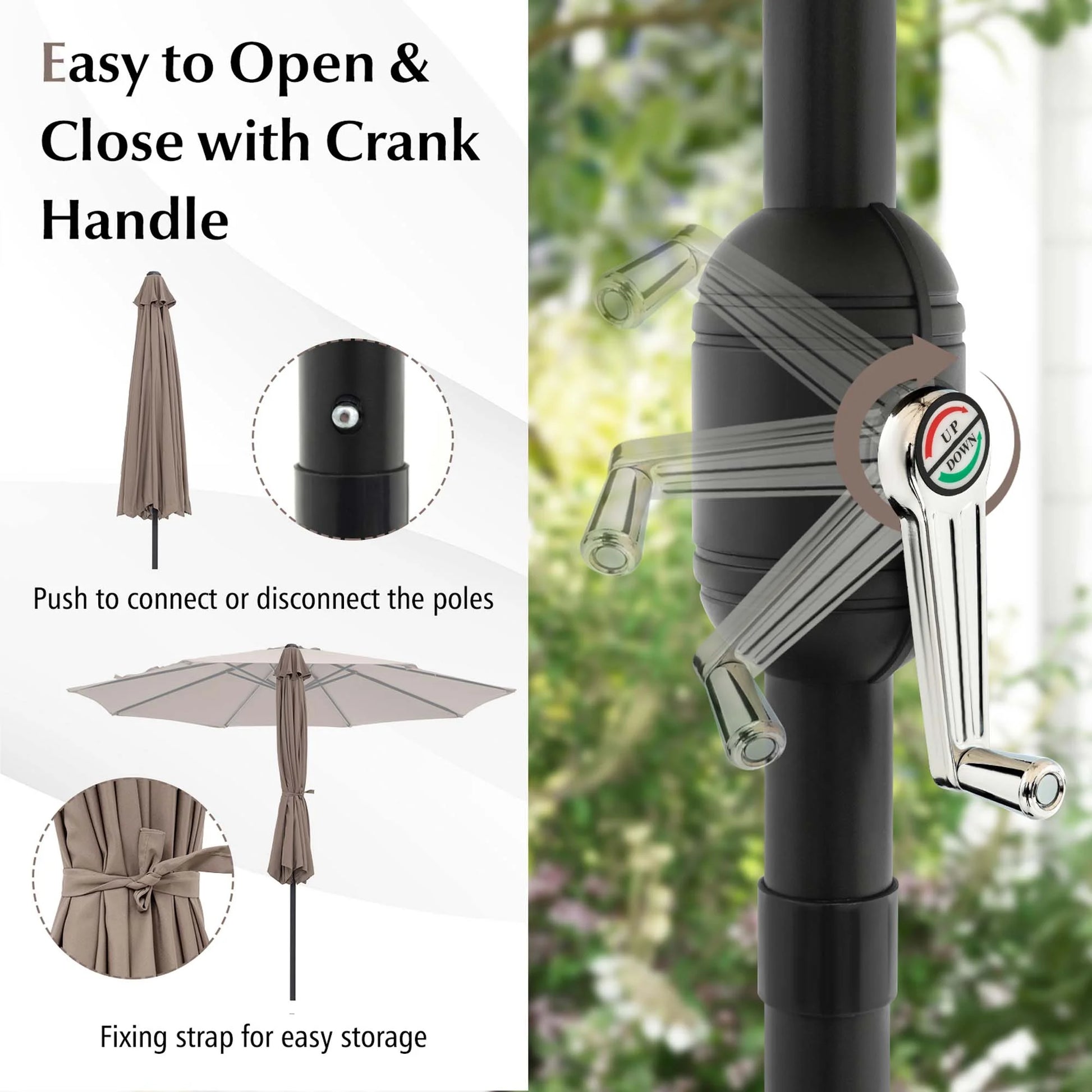 Outdoor Heavy Duty Market Umbrella with Tilt Mechanism Crank Handle 8 Sturdy Ribs Tan