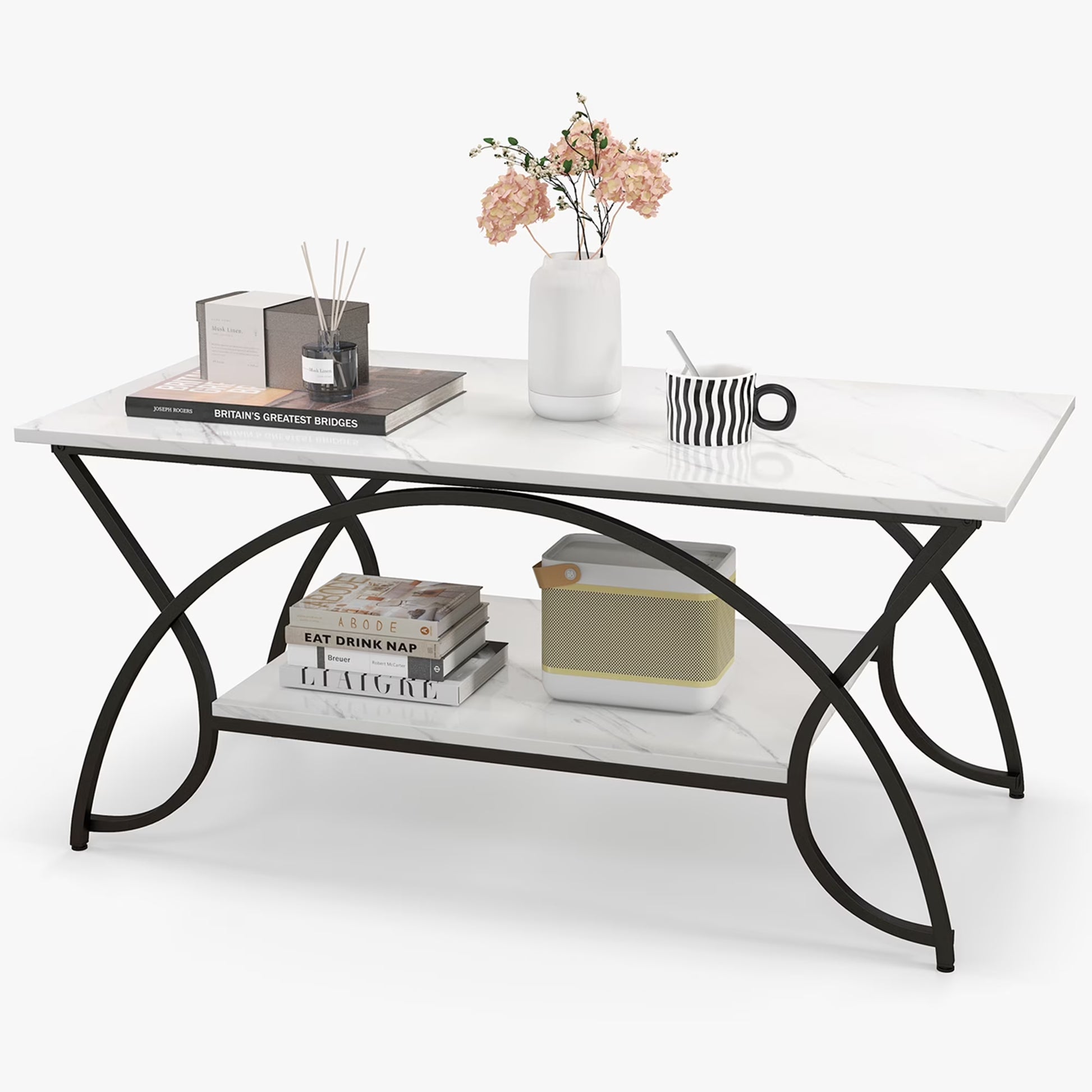 Industrial Engineered Wood Coffe Table with Storage Shelf, White