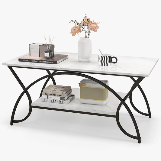 Industrial Engineered Wood Coffe Table with Storage Shelf, White