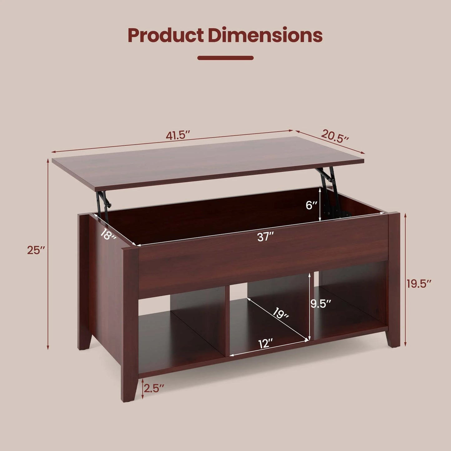 Lift Top Coffee Table W/ Hidden Compartment and Storage Shelves Modern Furniture Brown