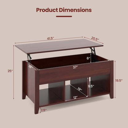 Lift Top Coffee Table W/ Hidden Compartment and Storage Shelves Modern Furniture Brown