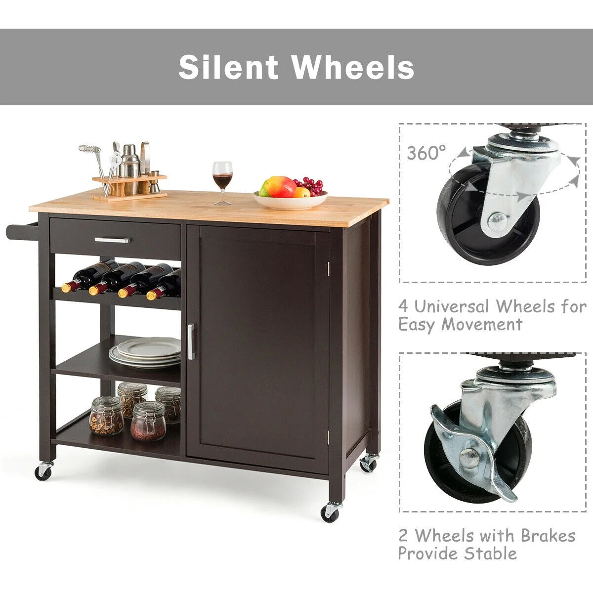 4-Tier Wood Kitchen Island Trolley Cart Storage Cabinet Brown