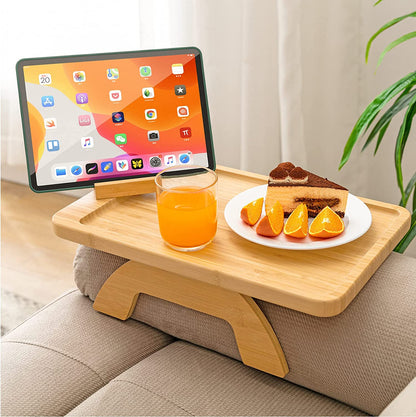 Couch Arm Table, Bamboo Sofa Clip on Tray Tables,Sofa Armrest Tray with 360° Phone Holder,Couch Armrest Table for Eating and Drinking