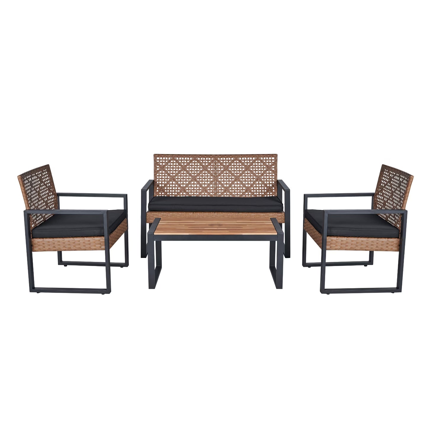 4-Piece Patio Seating Set, Patio Furniture Set, Patio Furniture Set, Wicker Garden Furniture with Wood Table and Legs, PE Rattan Outdoor Sofa Set for Balcony, Beige