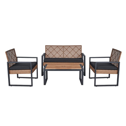 4-Piece Patio Seating Set, Patio Furniture Set, Patio Furniture Set, Wicker Garden Furniture with Wood Table and Legs, PE Rattan Outdoor Sofa Set for Balcony, Beige