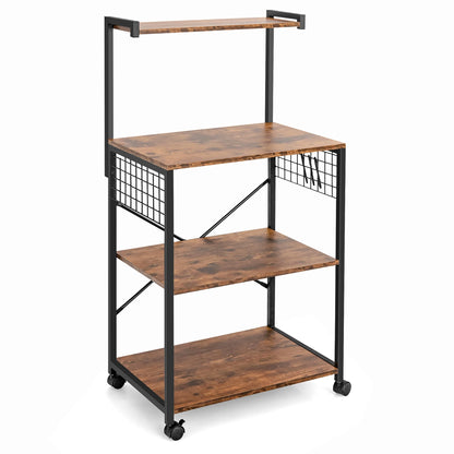 4-Tier Rolling Bakers Rack Industrial Utility Microwave Oven Stand Cart W/ Hooks