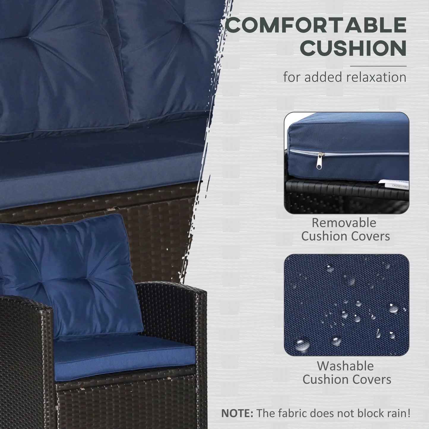 Outsunnny 4 Piece Patio Furniture Set, Outdoor Wicker Loveseat Sofa & Chairs, with 2-Tier Coffee Table & Tufted Cushions, Navy Blue