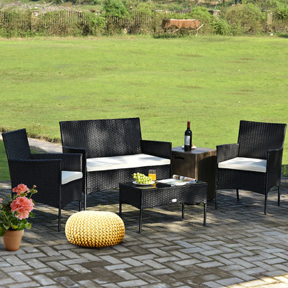 4PCS Patio Rattan Furniture Set Cushioned Sofa Coffee Table Backyard Porch White