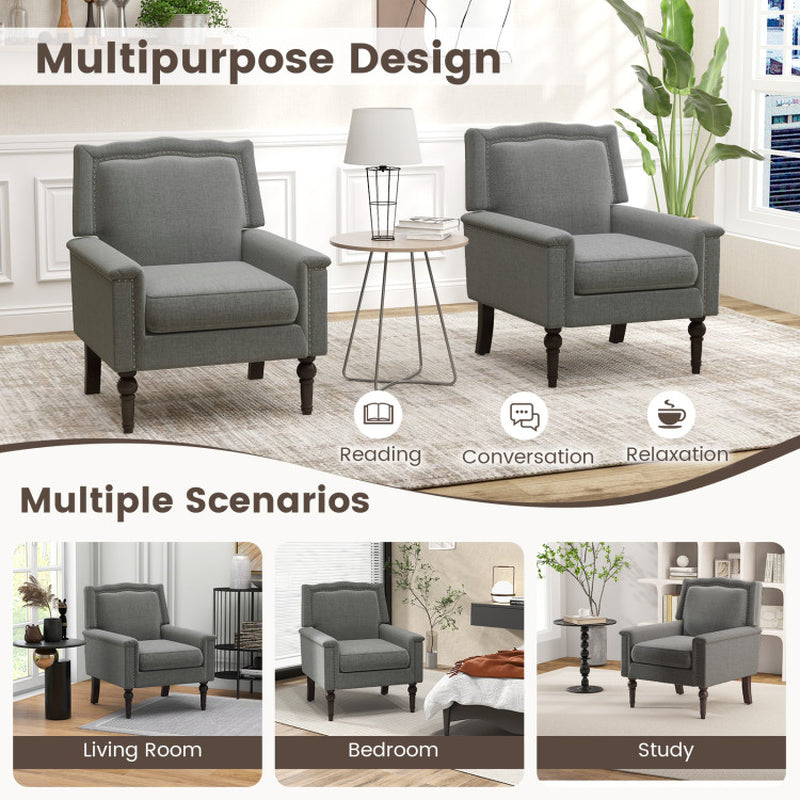 Mid-Century Modern Armchair Linen Fabric Upholstered Accent Chair with Cushion