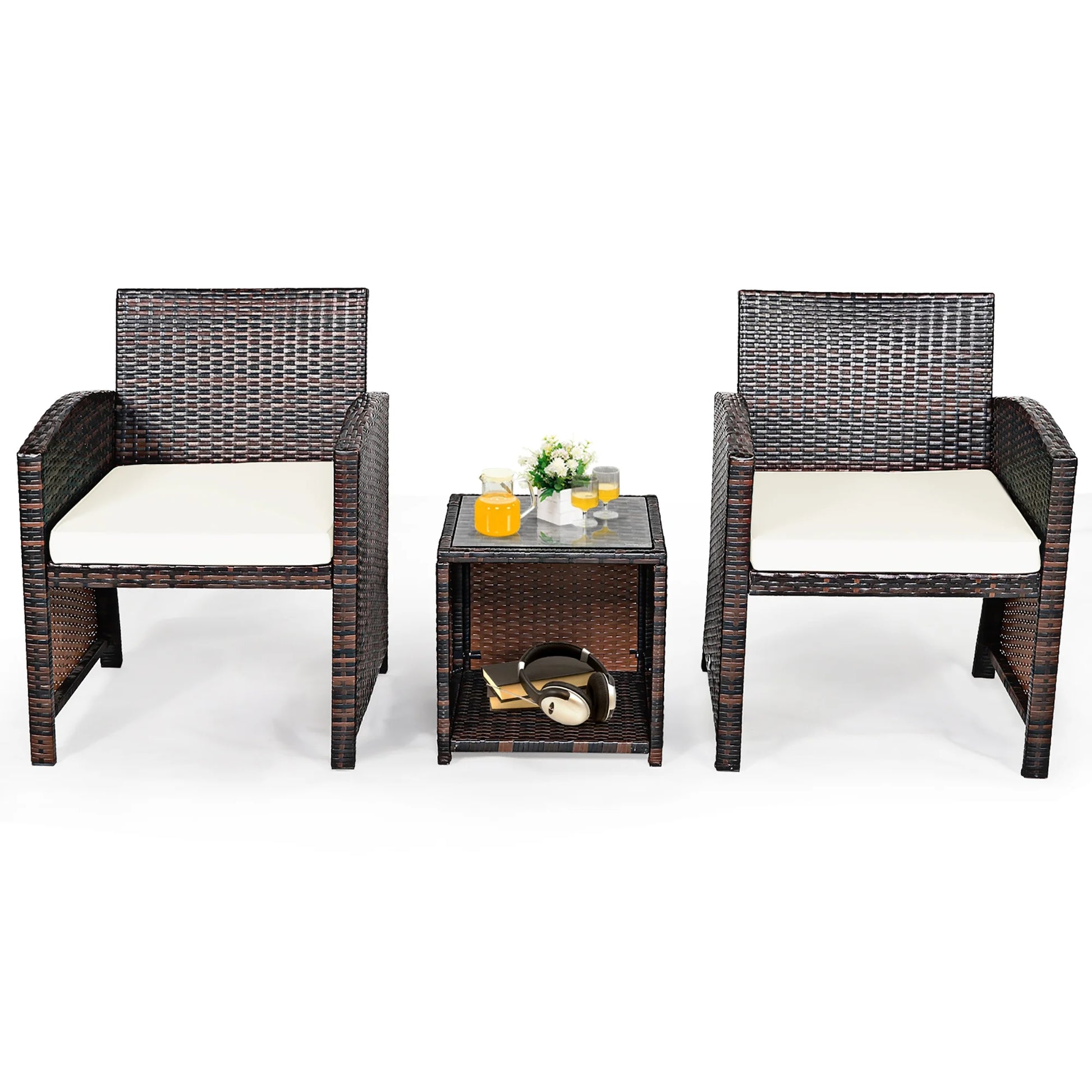 3PCS Patio Rattan Wicker Furniture Cushion Sofa Coffee Table White
