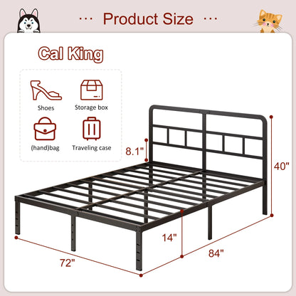 Metal Platform California King Bed Frames with Headboard, 14 Inch No Box Spring Needed Heavy Duty Steel Slat Mattress Foundation/Easy Assembly/Noise Free/Black