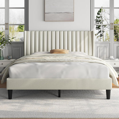 Queen Bed Frame Upholstered Platform Bed with Fabric Headboard, Wing Edge Design/Non-Slip and Noise-Free/Wooden Slats Support/No Box Spring Needed/Easy Assembly, Dark Gray Queen Bed
