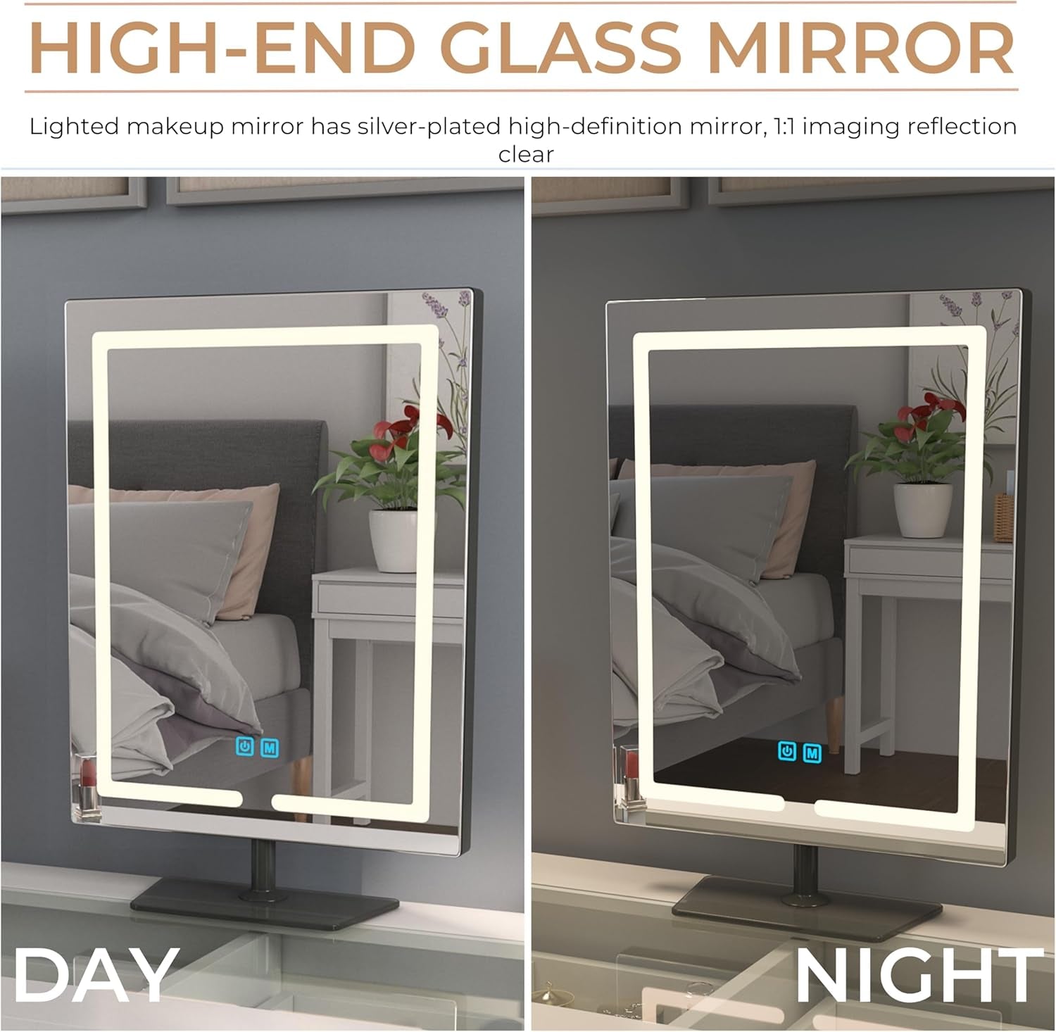 Makeup Mirror with Lights, 12.6 X 17.7 Inch LED Vanity Mirror, Lighted Makeup Mirror with Dimmable 3 Modes, Smart Touch Control, Aluminum Frame and Tempered Glass Base, Bronze