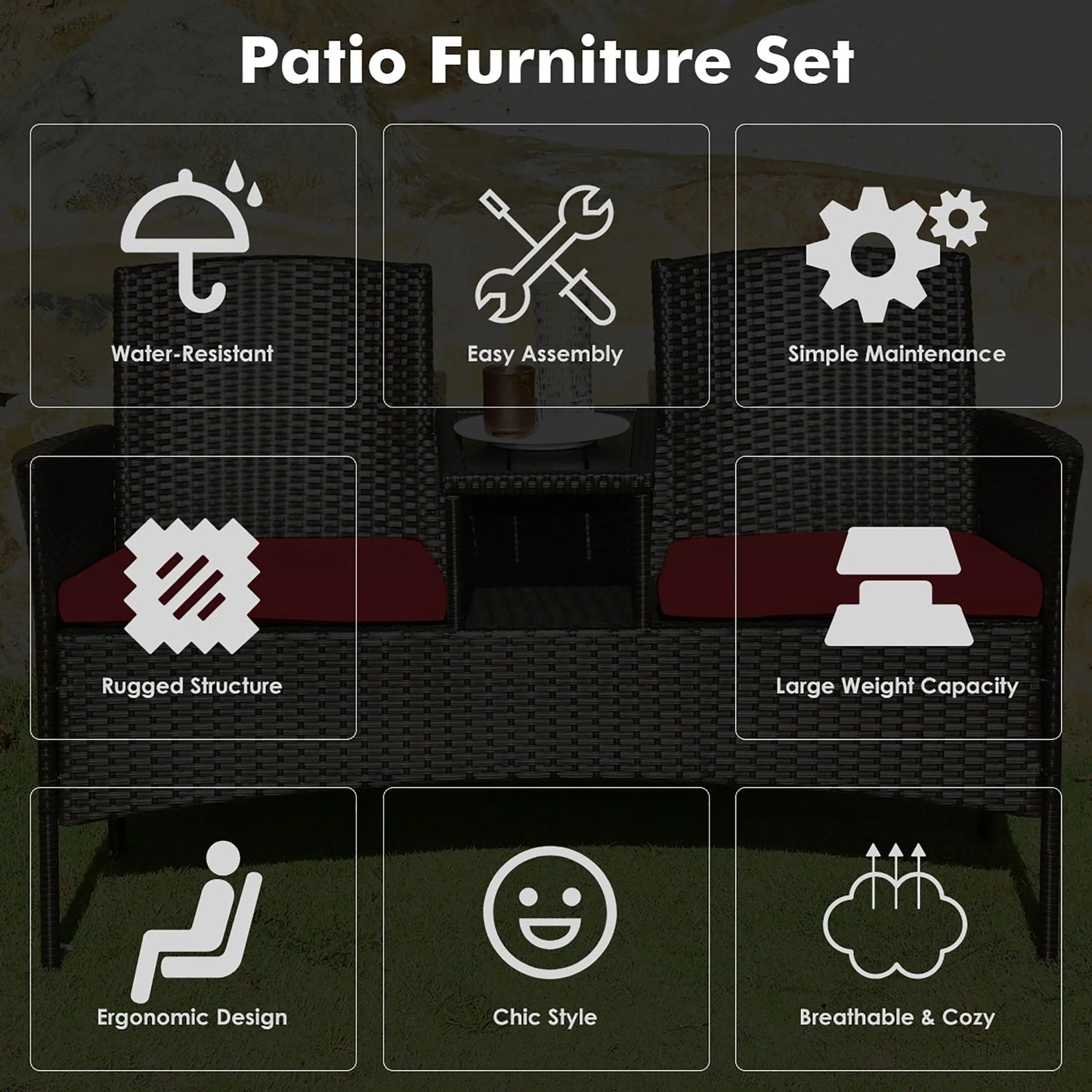 Patio Rattan Loveseat Sofa Cushioned Coffee Table Red