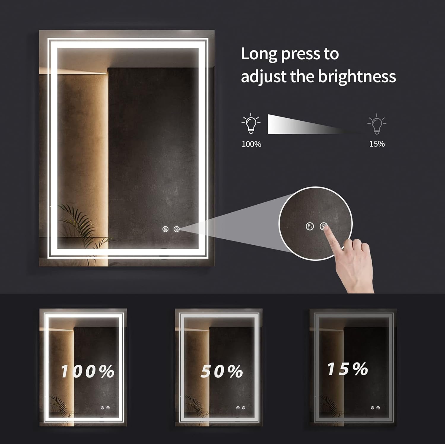 Bathroom LED Mirror 24" X 32" Frameless Wall Mounted Vanity Mirror with Dimmable Lights Anti-Fog Makeup Mirror, Horizontally/Vertically Hanging