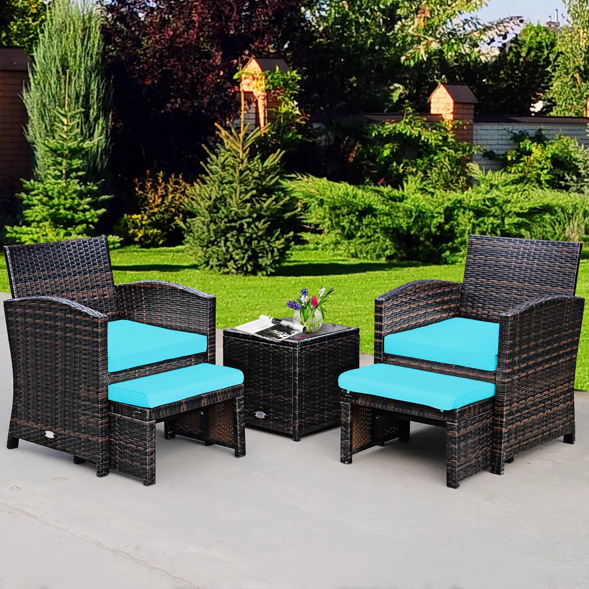 Costway 5PCS Patio Rattan Wicker Furniture Set Sofa Ottoman W/ Cushions