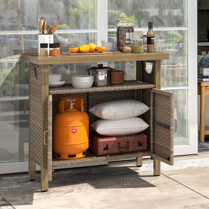 Outdoor Storage Cabinet Patio Wicker Bar Counter Table 2 Doors Backyard Patio