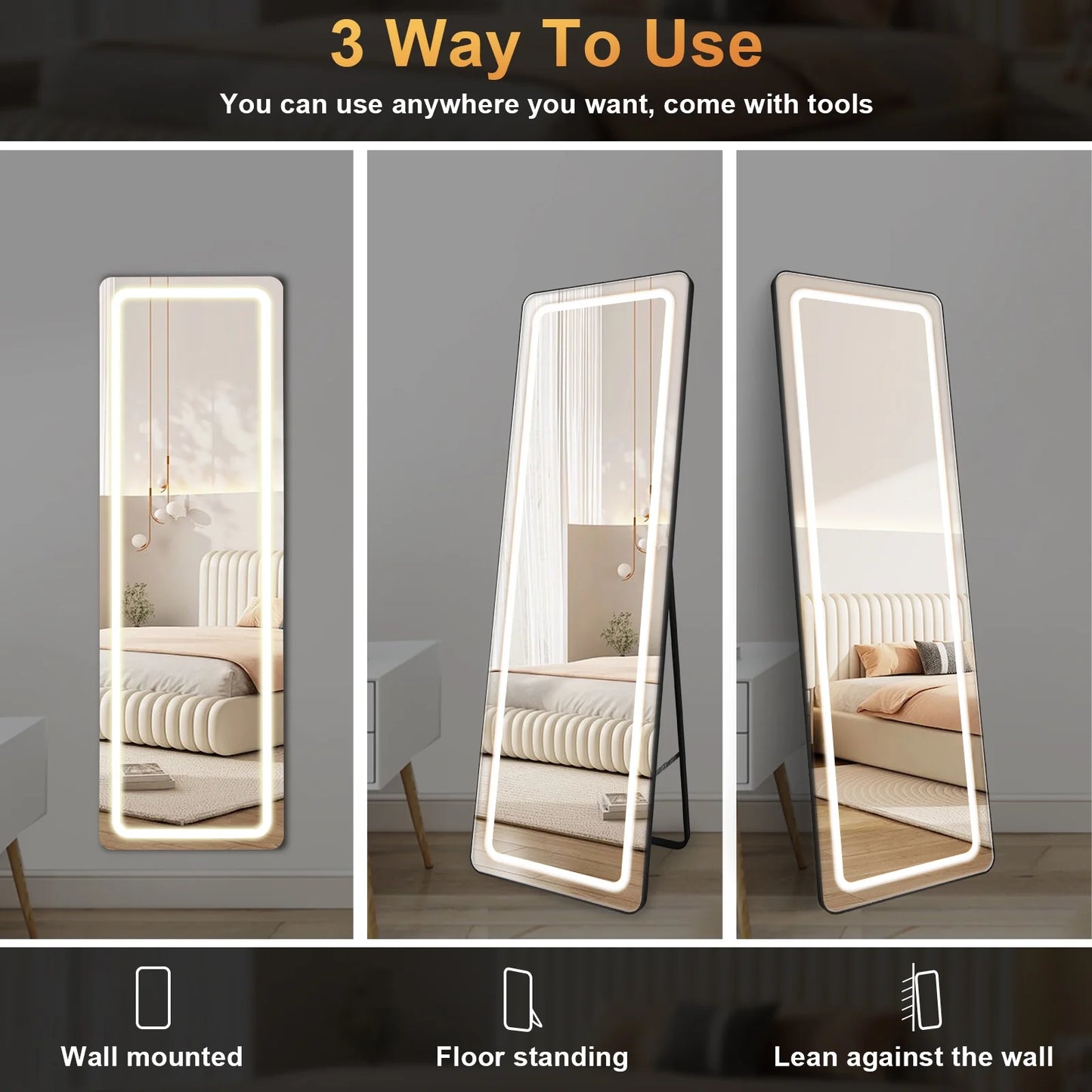 63" X 20" LED Full Length Mirror Hollywood Vanity Mirror Dimmable LED Floor Mirrors for Leaning Wall Mounted Water Proof Mirror for Bathroom Dressing, Anti-Fog Black
