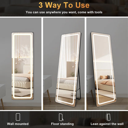 63" X 20" LED Full Length Mirror Hollywood Vanity Mirror Dimmable LED Floor Mirrors for Leaning Wall Mounted Water Proof Mirror for Bathroom Dressing, Anti-Fog Black