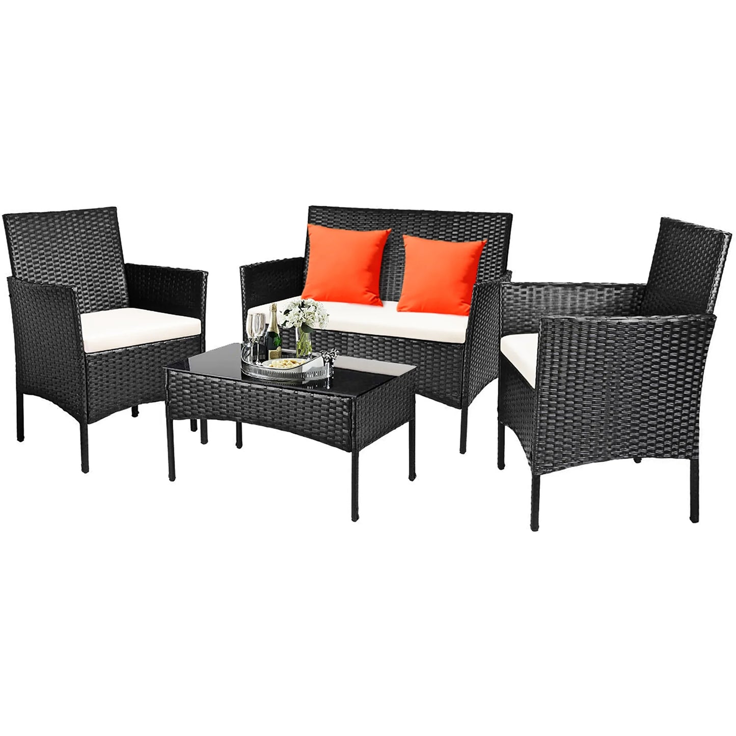 4PCS Patio Rattan Furniture Set Cushioned Sofa Coffee Table Backyard Porch White