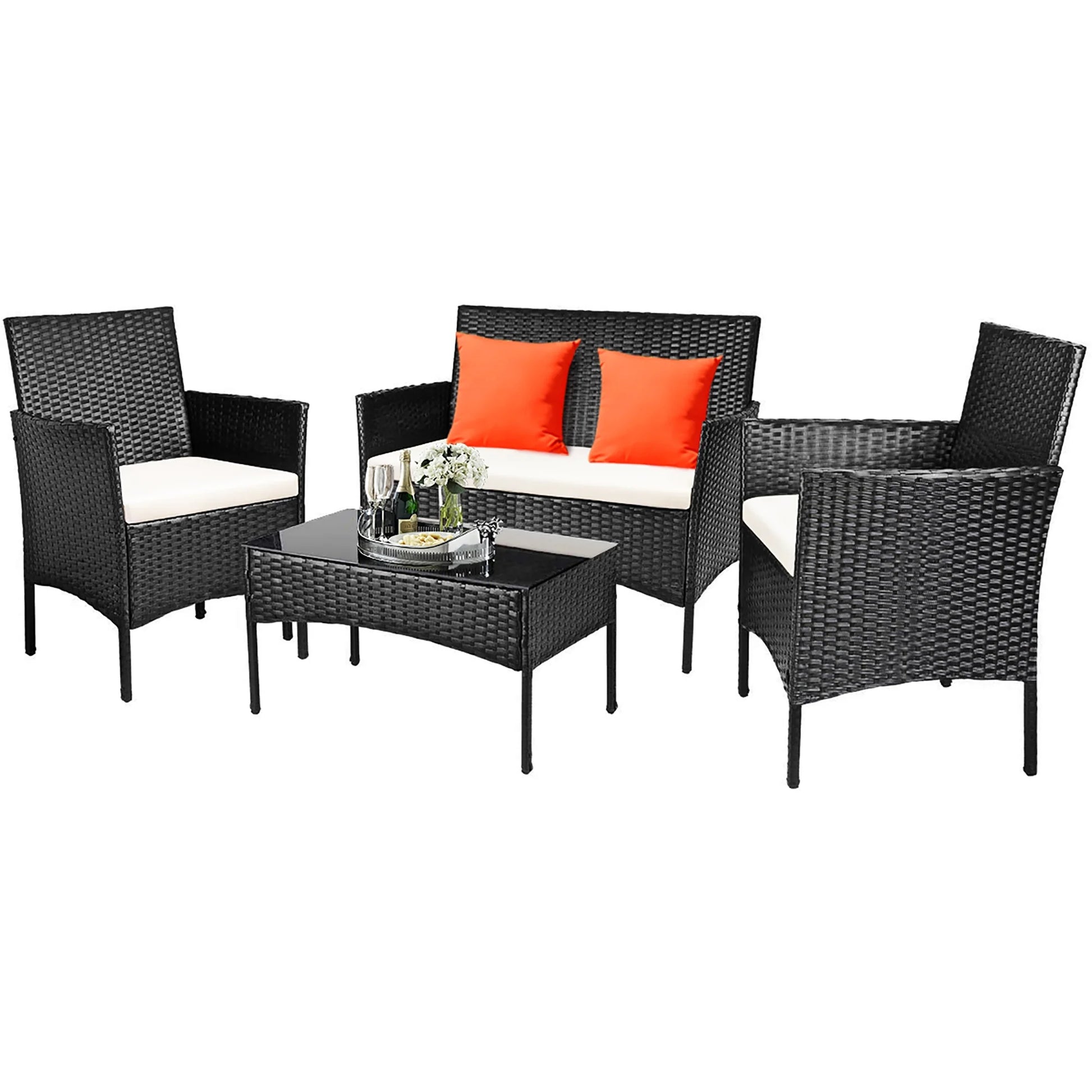 4PCS Patio Rattan Furniture Set Cushioned Sofa Coffee Table Backyard Porch White