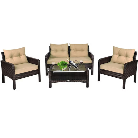 Rattan Outdoor Sofa with Brown Cushions and Steel Frame