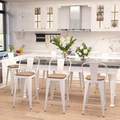 Metal Bar Stools Set of 4,26 Inch Barstools Counter Height Bar Stool with Backs Farmhouse Bar Stools with Larger Seat High Back Kitchen Dining Chairs Modern Bar Chairs White Cream Stool