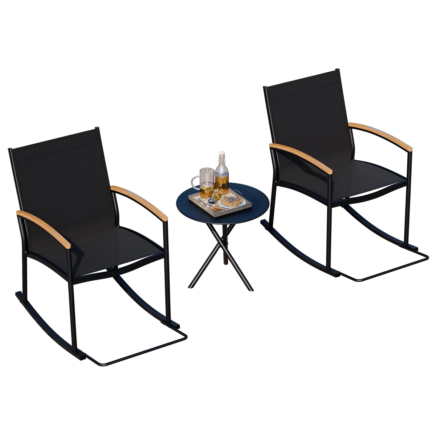 3-Piece Patio Bistro Sets, Outdoor Breathable Rocking Chairs & Black Furniture Conversation Set-Two Chairs with Coffee Table Black