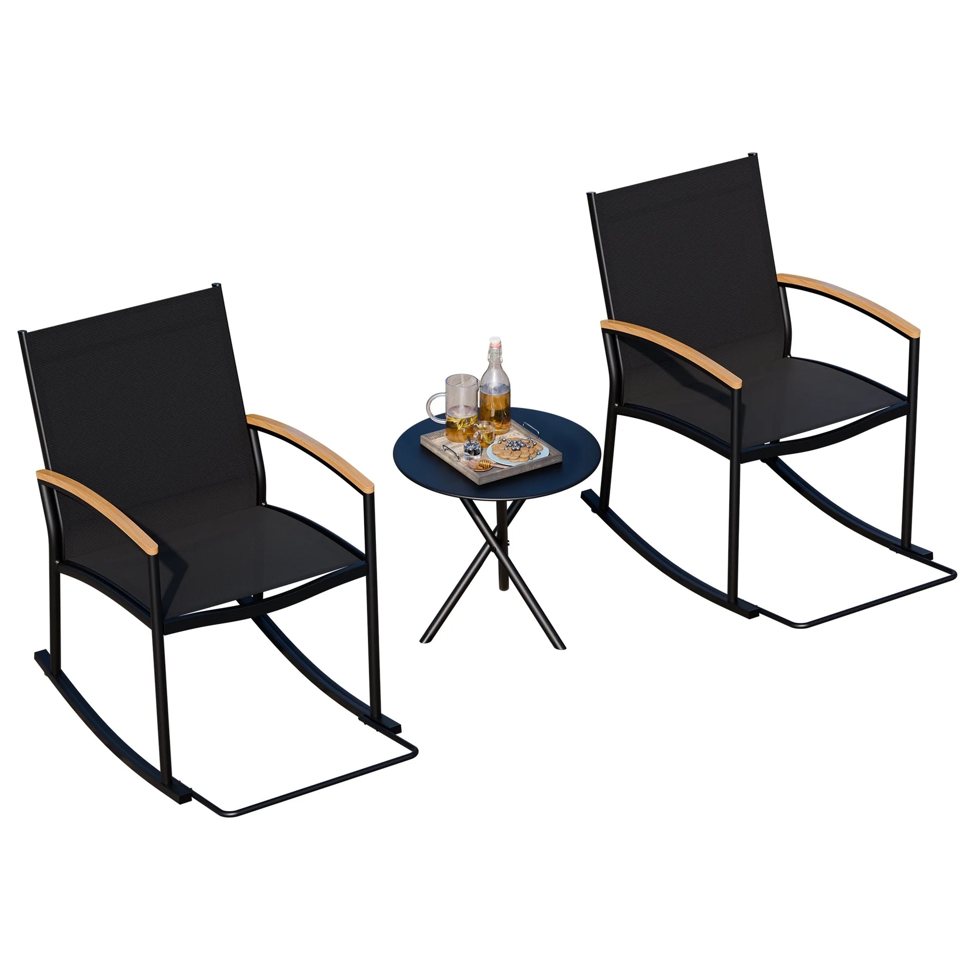 3-Piece Patio Bistro Sets, Outdoor Breathable Rocking Chairs & Black Furniture Conversation Set-Two Chairs with Coffee Table Black