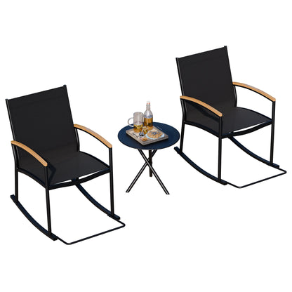 3-Piece Patio Bistro Sets, Outdoor Breathable Rocking Chairs & Black Furniture Conversation Set-Two Chairs with Coffee Table Black