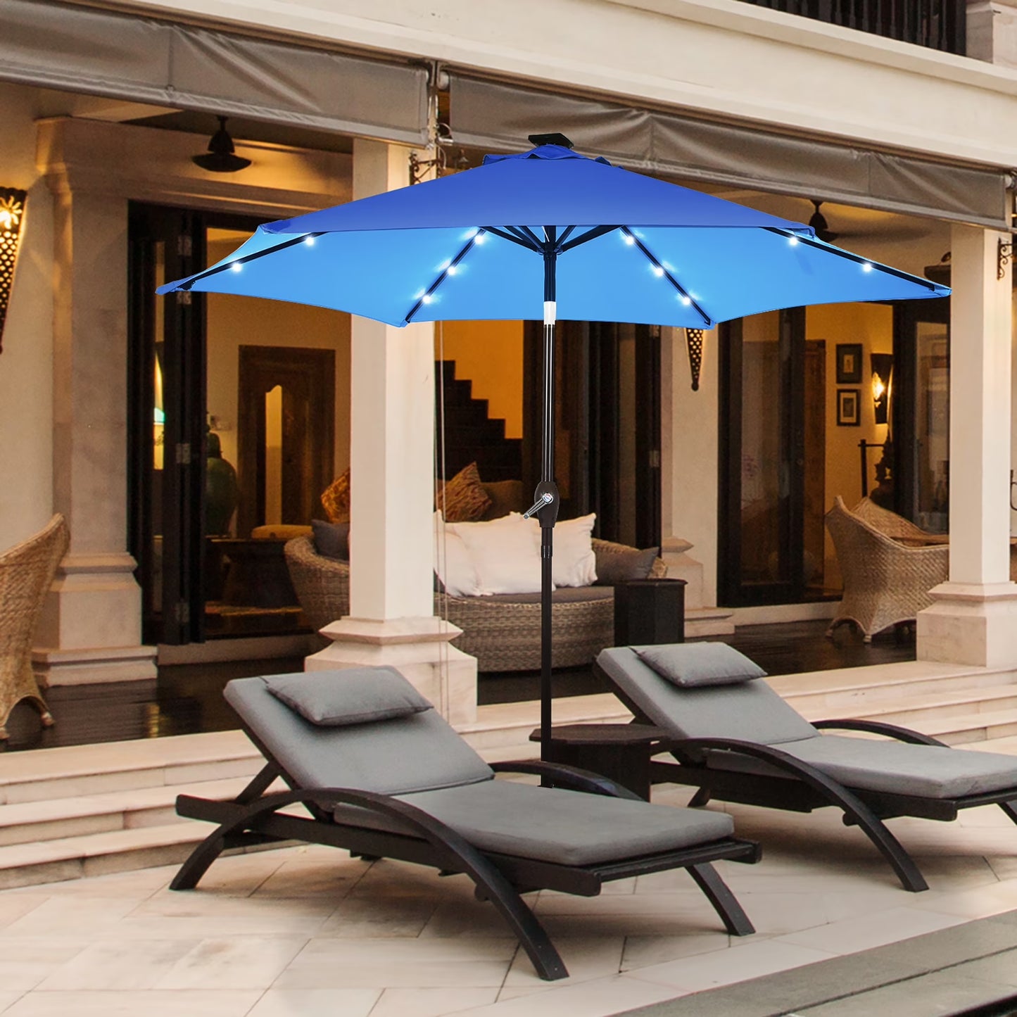 9FT Patio Solar Umbrella LED Patio Market Steel Tilt W/ Crank Outdoor