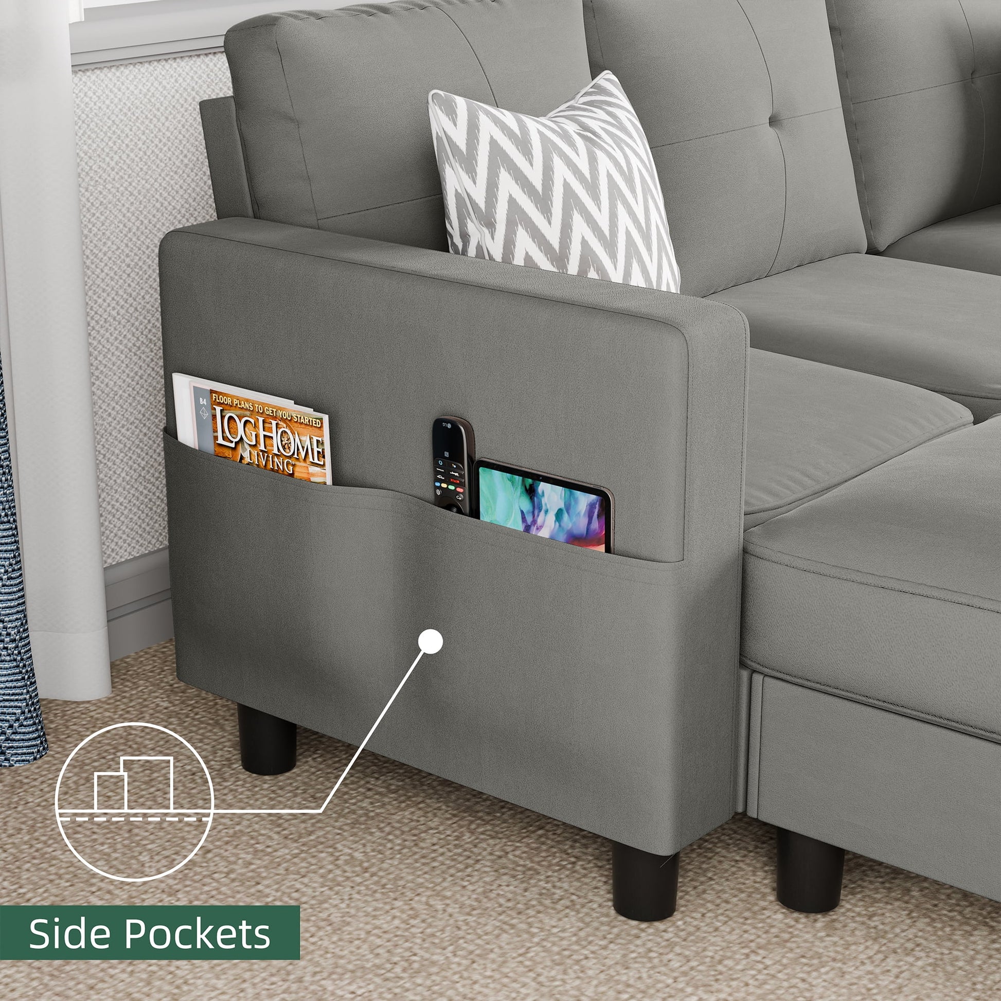 78" Convertible Sectional Sofa Couch L Shaped Couch Sofa for Living Room,Small 3 Seater Sofa Couch with Storage Ottoman and Side Pockets(Light Gray)
